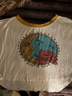 Graphic Moon & Flower Tee - White with Mustard Trim